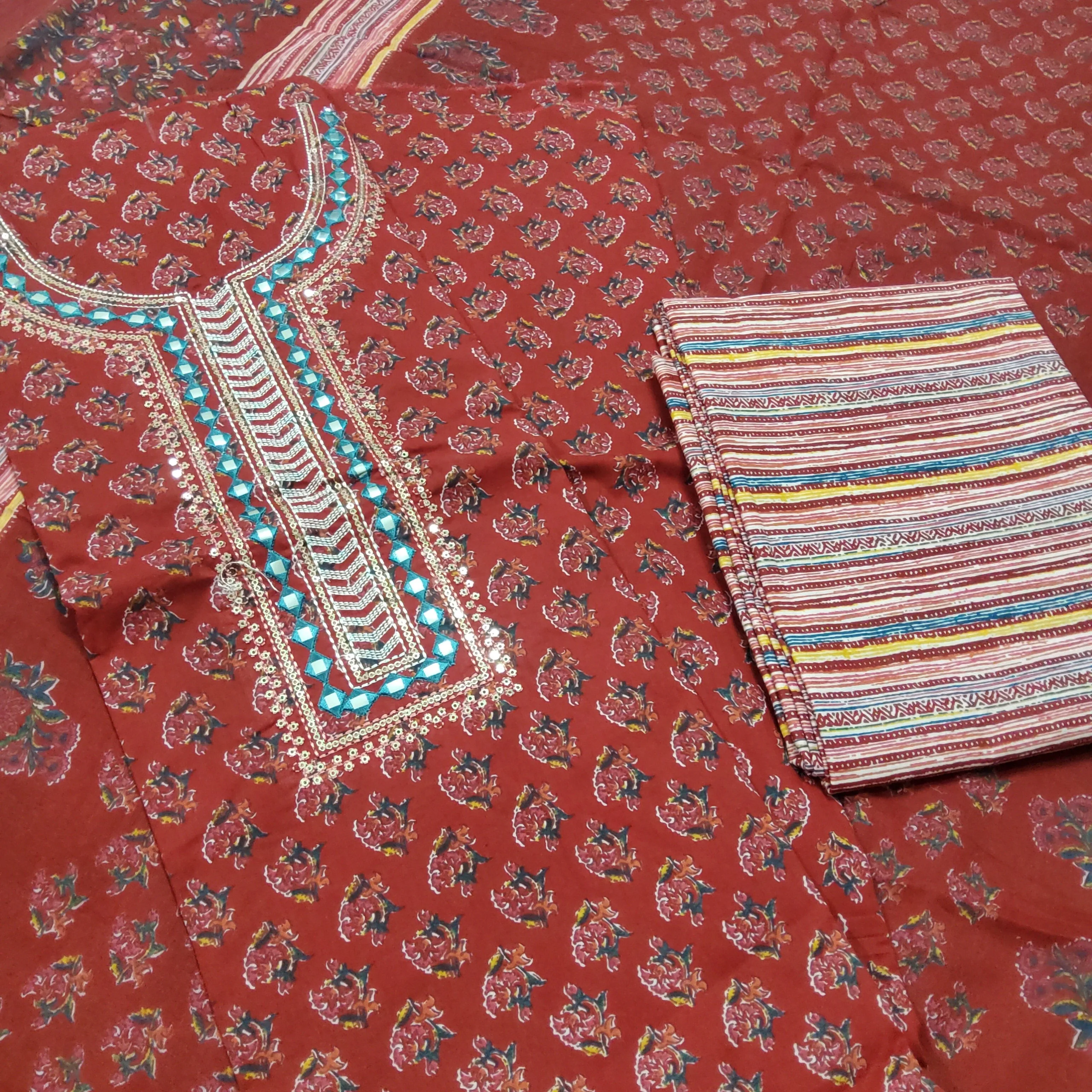 Bagru Cotton Embroidered Dress Material with Cotton Dupatta