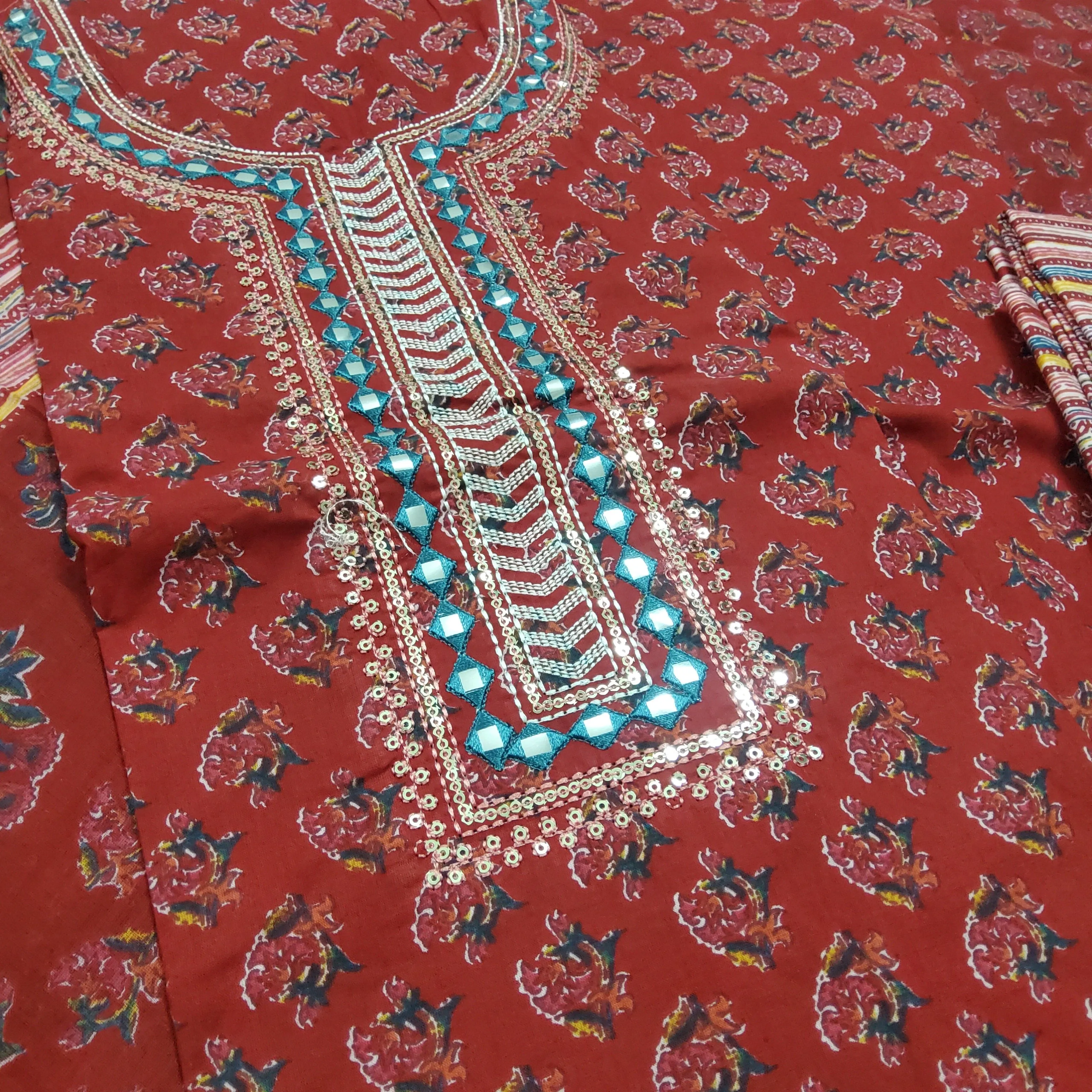 Bagru Cotton Embroidered Dress Material with Cotton Dupatta