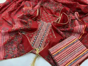 Bagru Cotton Embroidered Dress Material with Cotton Dupatta