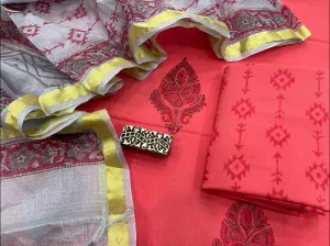 Bagru Printed Cotton Dress Material with Kota Silk Dupatta