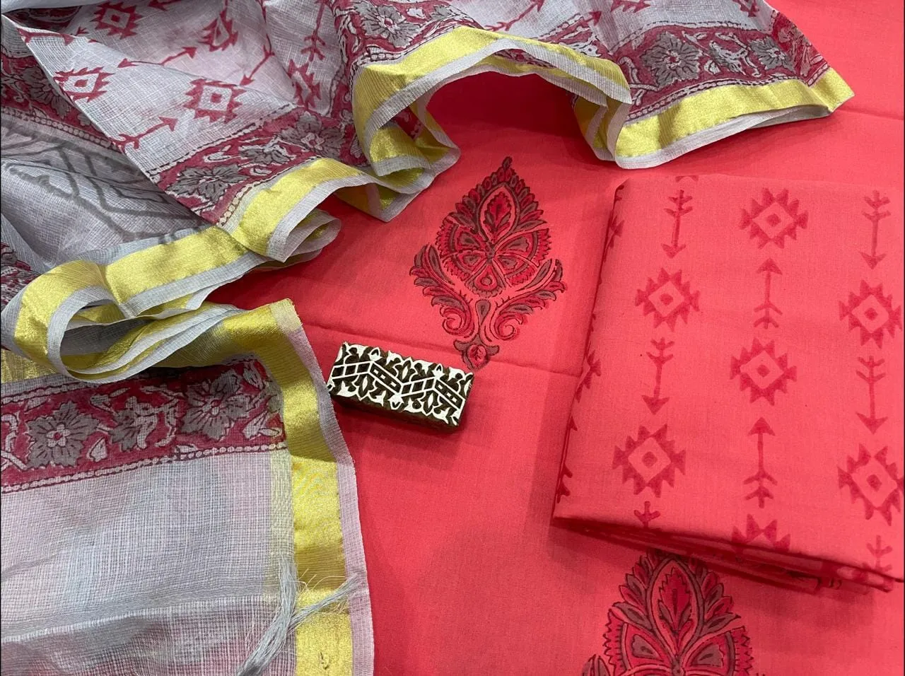 Bagru Printed Cotton Dress Material with Kota Silk Dupatta