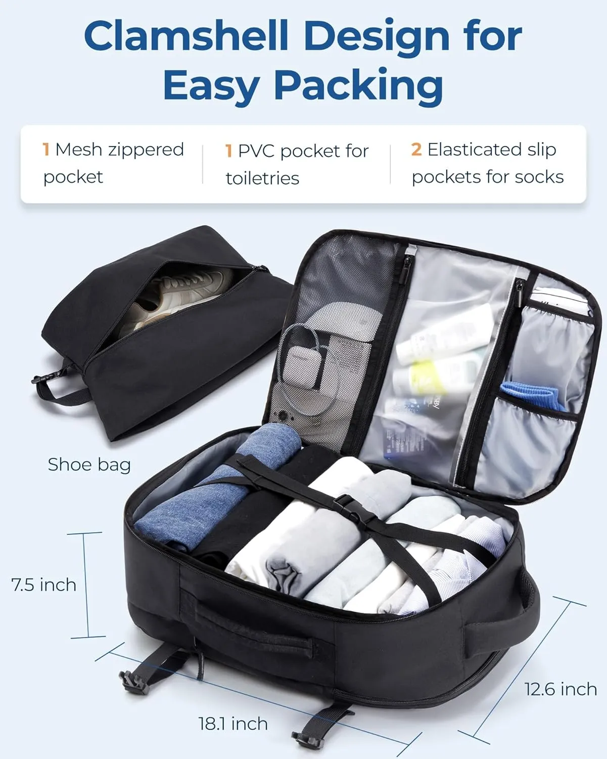 BAGSMART Travel Backpack for Women Men, 40L Flight Approved Carry on Backpack with Shoe Bag, TSA Large Personal Item Backpack with 17 Inch Laptop Compartment, Weekender Suitcase for Travel, Black