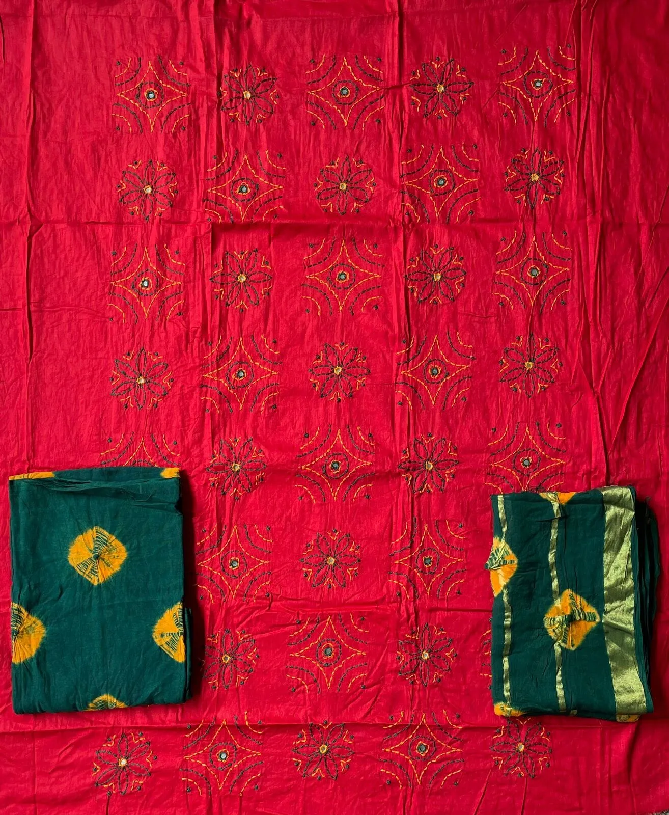 Bandhej Cotton Embroidered Dress Material *