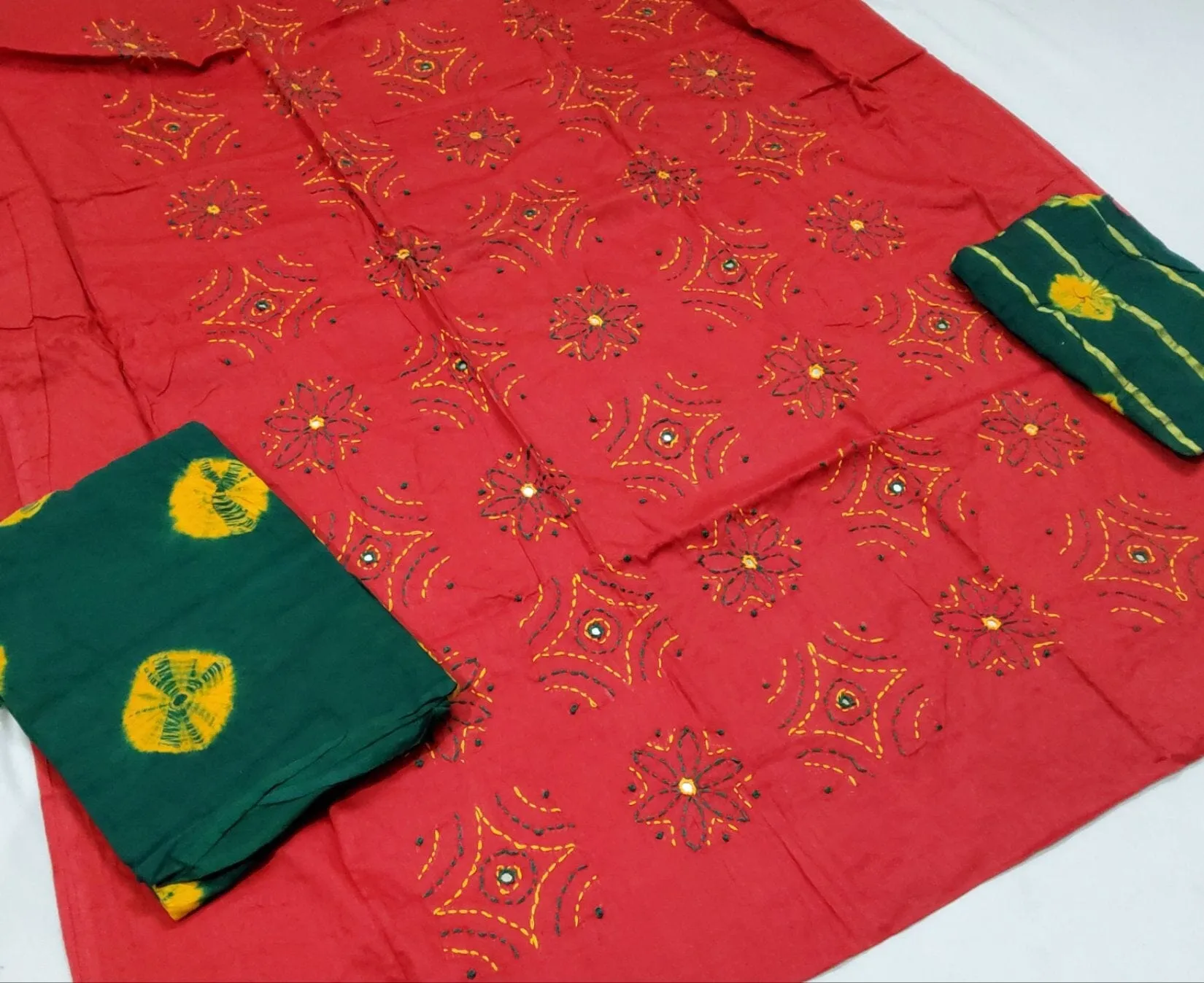 Bandhej Cotton Embroidered Dress Material *