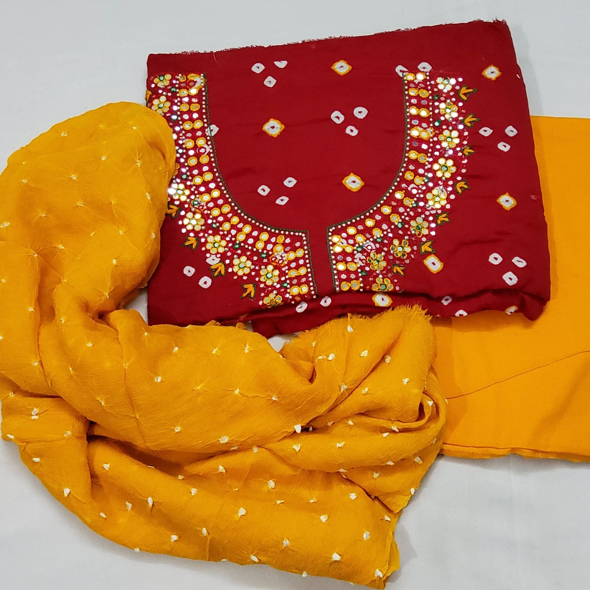 Bandhej Cotton HandWork Dress Material with Pure Chiffon Dupatta