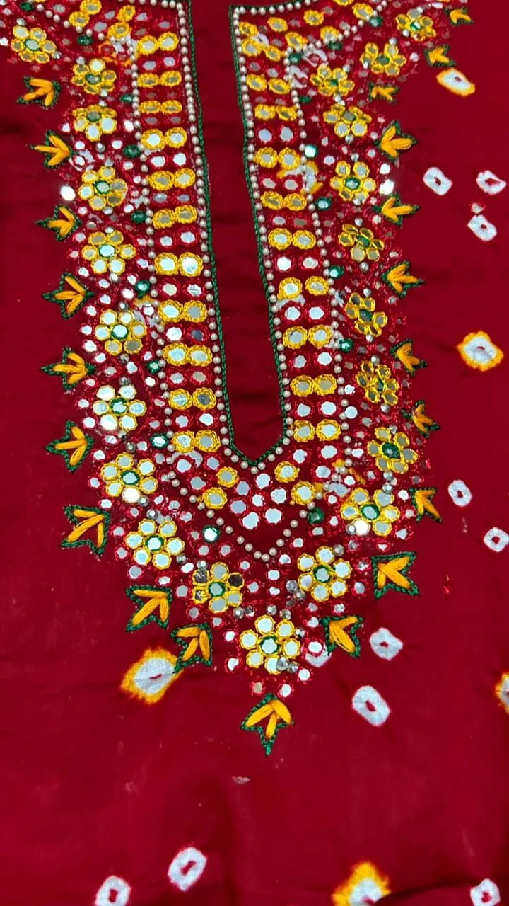 Bandhej Cotton HandWork Dress Material with Pure Chiffon Dupatta