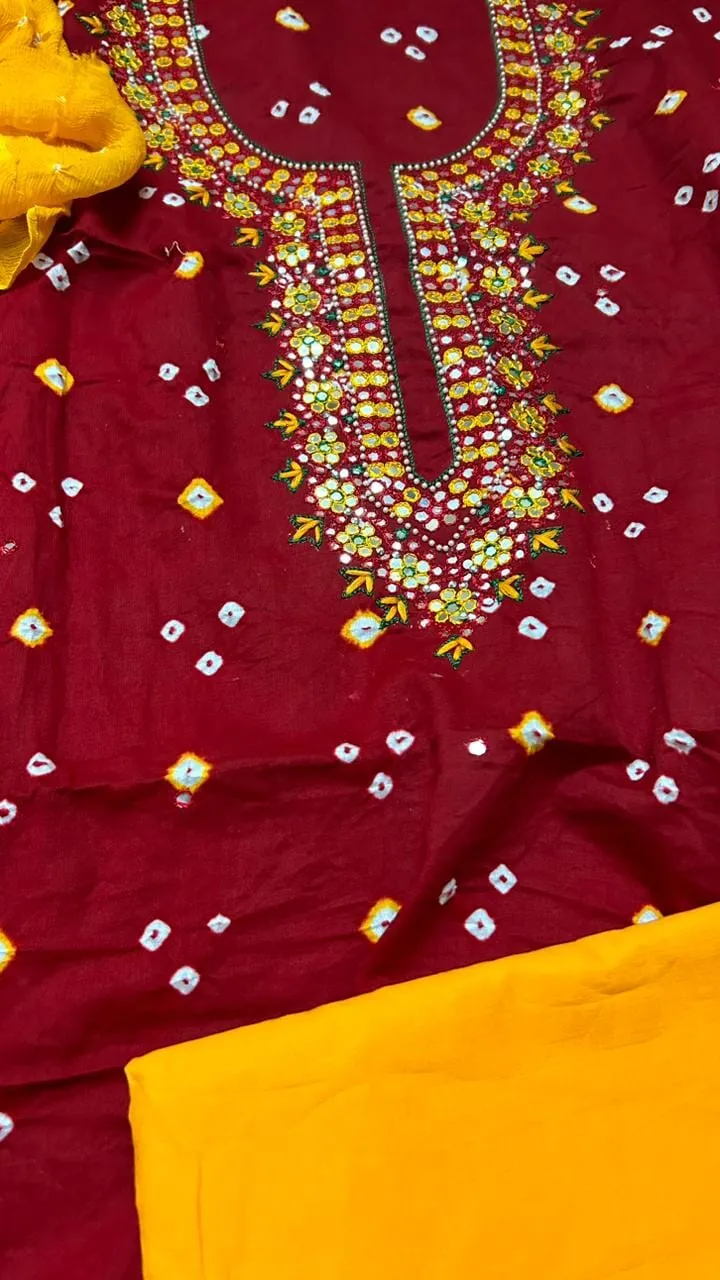 Bandhej Cotton HandWork Dress Material with Pure Chiffon Dupatta