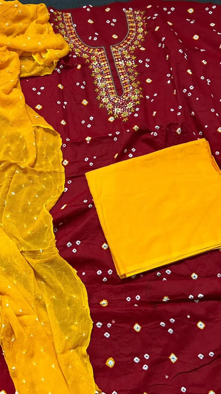 Bandhej Cotton HandWork Dress Material with Pure Chiffon Dupatta