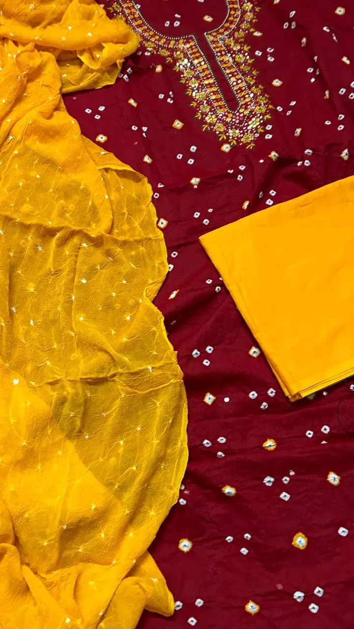 Bandhej Cotton HandWork Dress Material with Pure Chiffon Dupatta