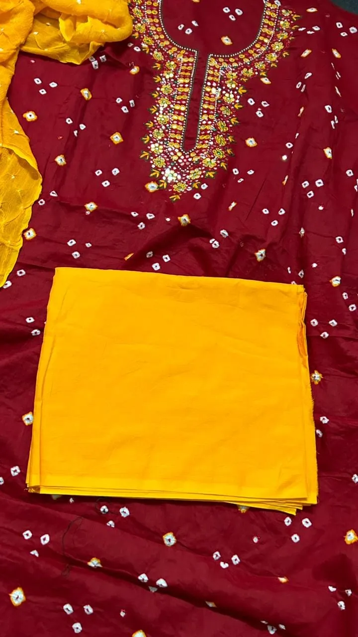 Bandhej Cotton HandWork Dress Material with Pure Chiffon Dupatta