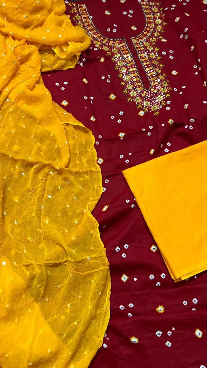 Bandhej Cotton HandWork Dress Material with Pure Chiffon Dupatta