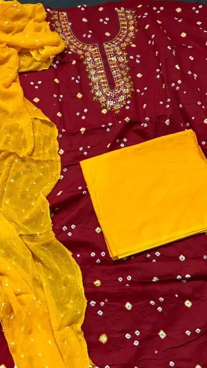 Bandhej Cotton HandWork Dress Material with Pure Chiffon Dupatta