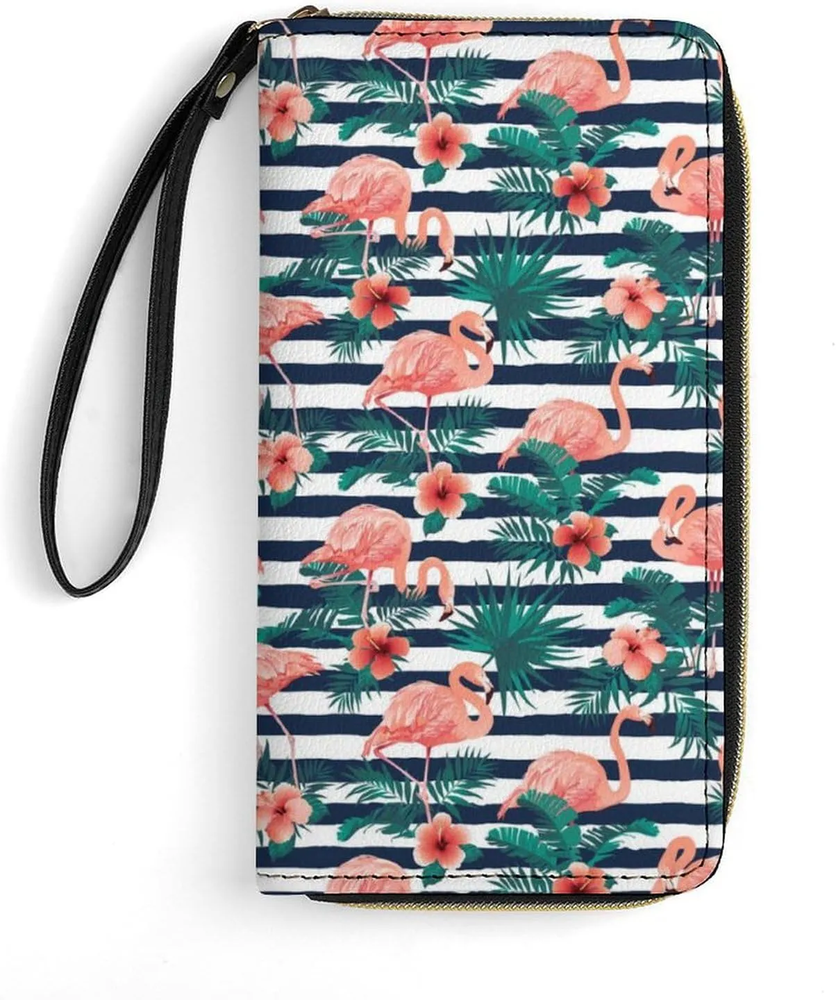 Beautiful Flamingo Tropical Flowers Womens Wallet Zippered Long Clutch Purse Leather Handbag with Wristlet Strap
