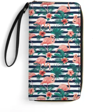 Beautiful Flamingo Tropical Flowers Womens Wallet Zippered Long Clutch Purse Leather Handbag with Wristlet Strap