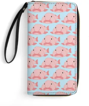 Blob Fish Pattern Womens Wallet Zippered Long Clutch Purse Leather Handbag with Wristlet Strap