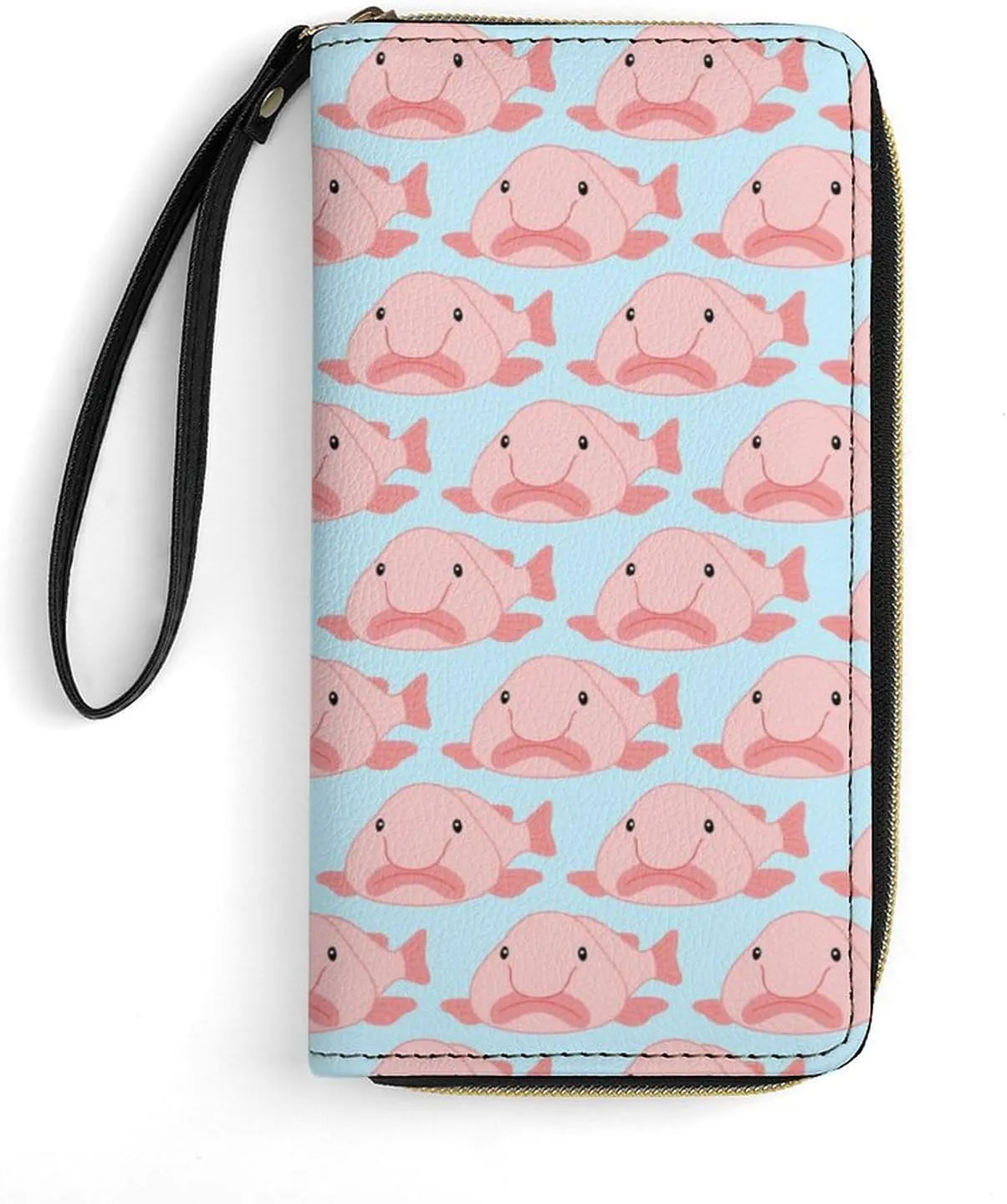 Blob Fish Pattern Womens Wallet Zippered Long Clutch Purse Leather Handbag with Wristlet Strap