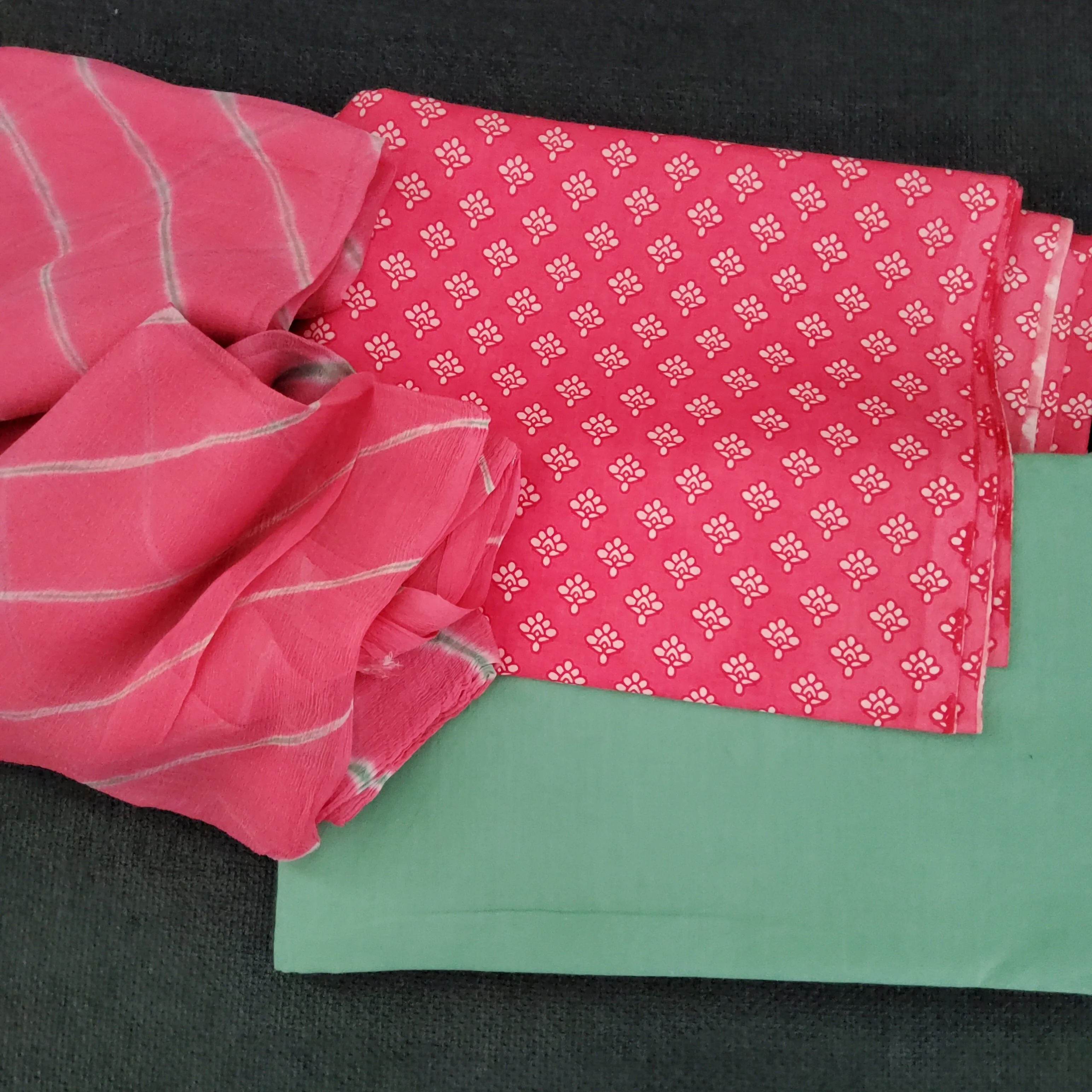 Block Print Cotton Dress Material with Lehariya Chiffon Dupatta