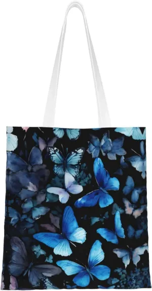 Blue Butterflies White Flowers Print Totes, Portable Beach Bag,Reusable Grocery Bags Foldable Shopping With Handlesbags
