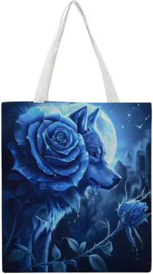 Blue Flower Rose Howling Wolf Canvas Tote Bag Casual Handbags Grocery Shopping Purses Work Bag for Women