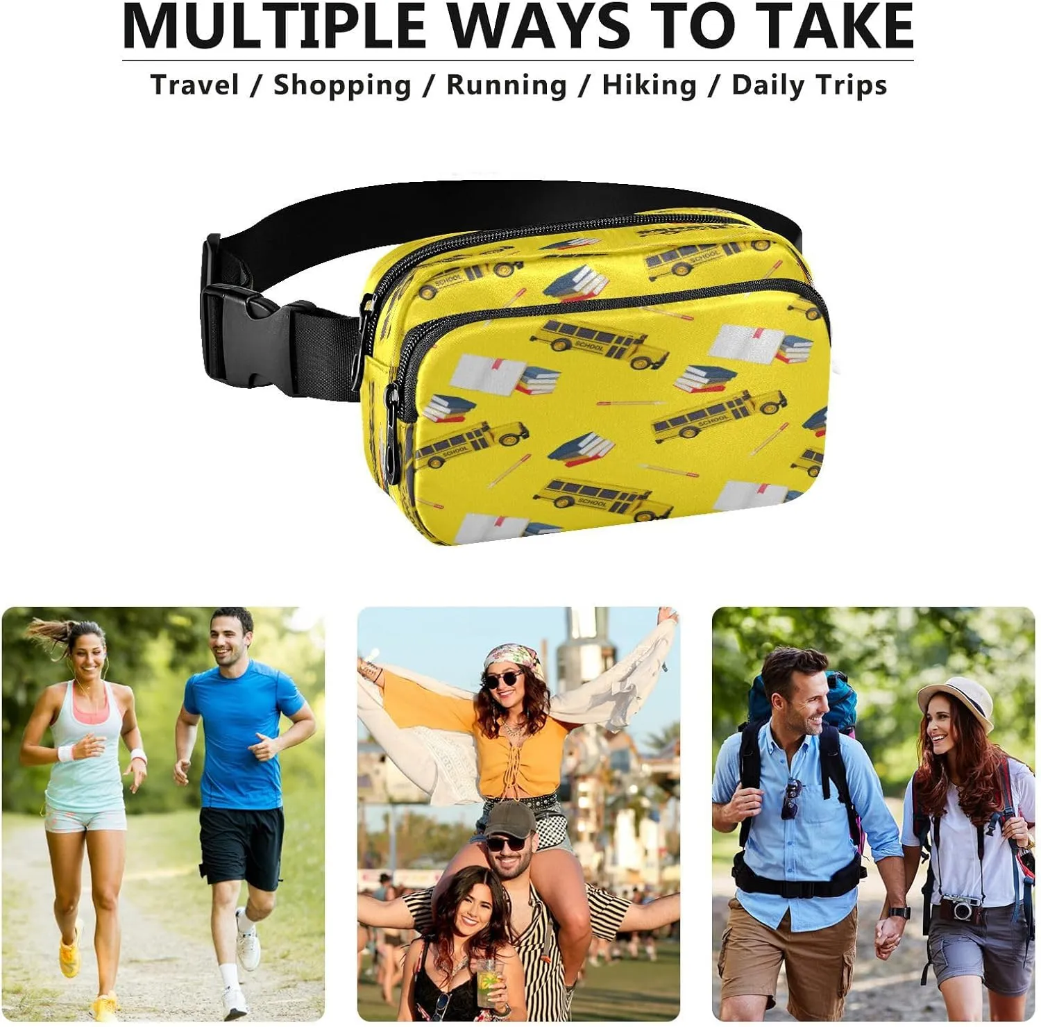 Boccsty 3d Yellow School Bus Belt Bag for Women Men Fanny Pack Small Waist Pouch Crossbody Bags for Outdoor Hiking Running Travel