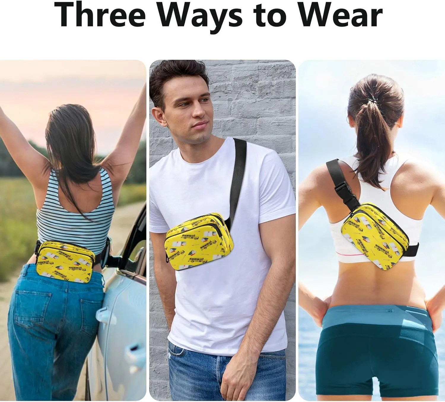 Boccsty 3d Yellow School Bus Belt Bag for Women Men Fanny Pack Small Waist Pouch Crossbody Bags for Outdoor Hiking Running Travel