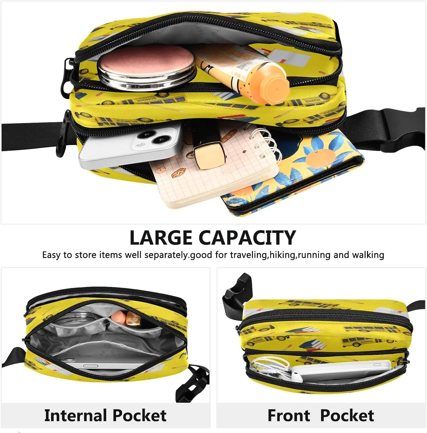 Boccsty 3d Yellow School Bus Belt Bag for Women Men Fanny Pack Small Waist Pouch Crossbody Bags for Outdoor Hiking Running Travel
