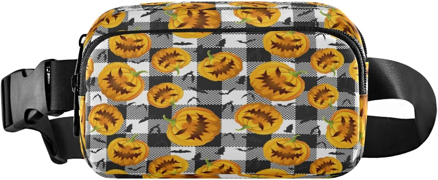Boccsty Halloween Pumpkin Bats Belt Bag for Women Men Black and White Buffalo Plaid Fanny Pack Small Waist Pouch Crossbody Bags for Outdoor Hiking Running Travel