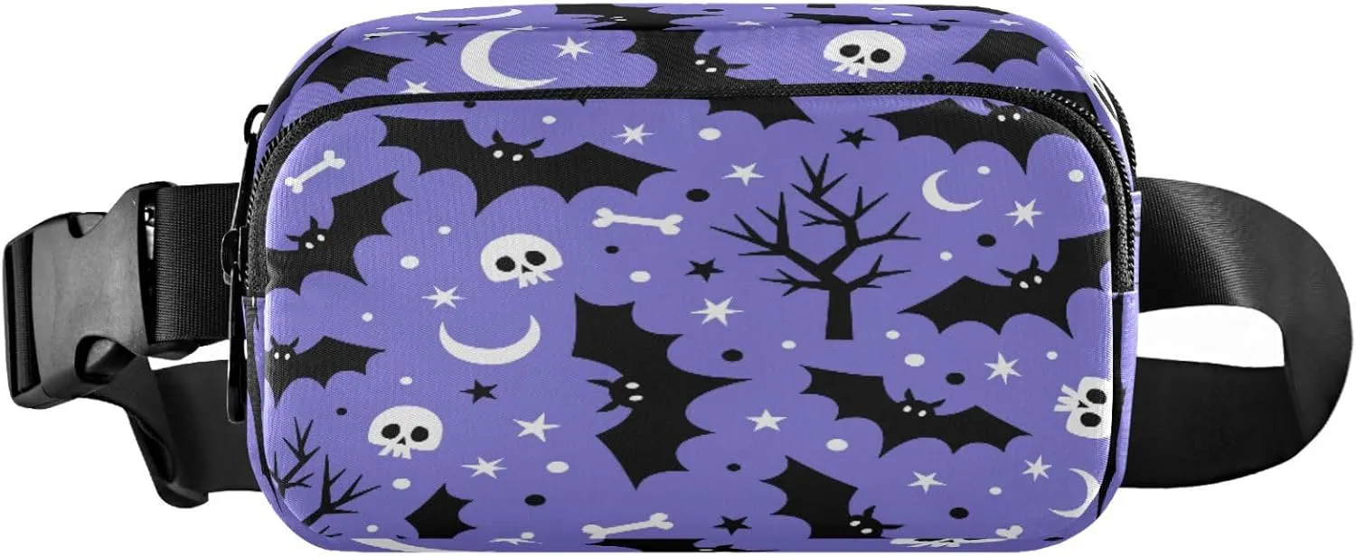 Boccsty Halloween Skull Ghost Belt Bag for Women Men Purple Bats Stars Fanny Pack Small Waist Pouch Crossbody Bags for Outdoor Hiking Running Travel