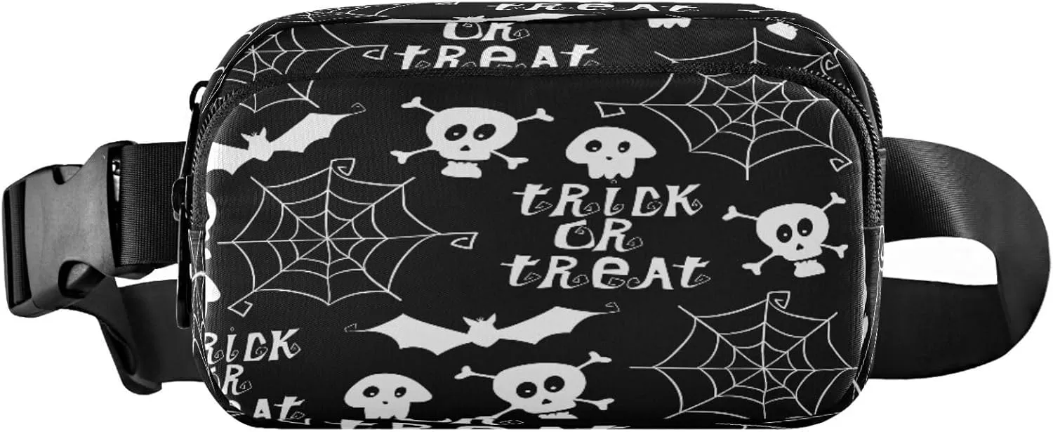 Boccsty Halloween Spider Web Skulls Bat Belt Bag for Women Men Trick Or Treat Fanny Pack Small Waist Pouch Crossbody Bags for Outdoor Hiking Running Travel