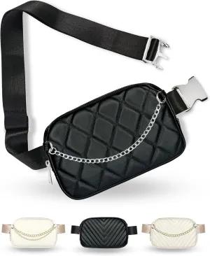 Boutique Luxury Chain Belt Bag | Crossbody Bag Leather Fanny Pack for Women Fashionable | Cute Everywhere Bum Hip Waist Pack | Small Travel Fashion Chest Bag (Extended Strap, Black Silver | Diamond)