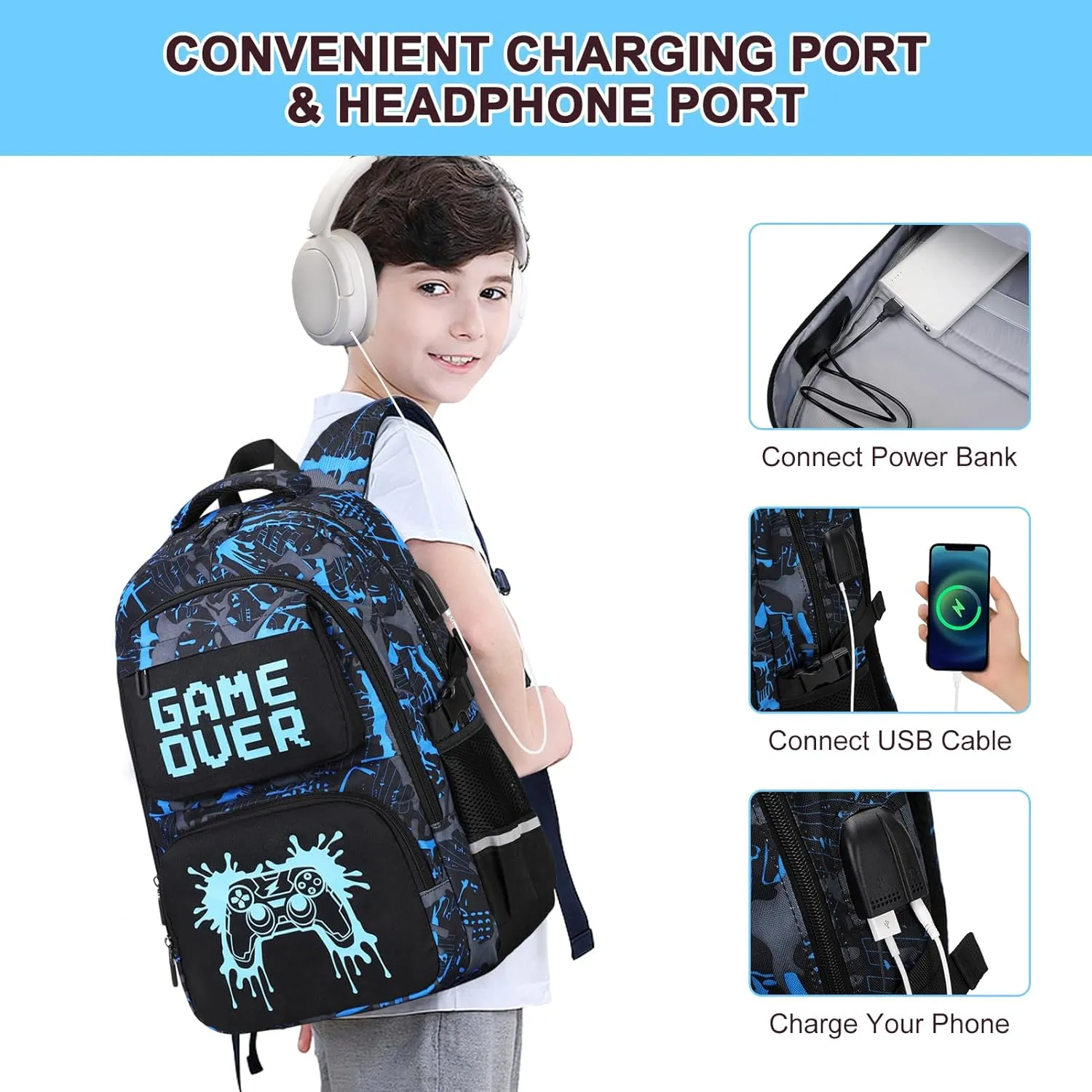 Boys Backpack for School, 3PCS Cool Luminous Backpack for Boys with Lunch Bag Pencil Case, Kids School Bookbag Teen Boys Backpacks for Kindergarten Elementary Middle School