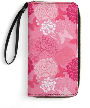 Butterfly Dahlia Womens Wallet Zippered Long Clutch Purse Leather Handbag with Wristlet Strap