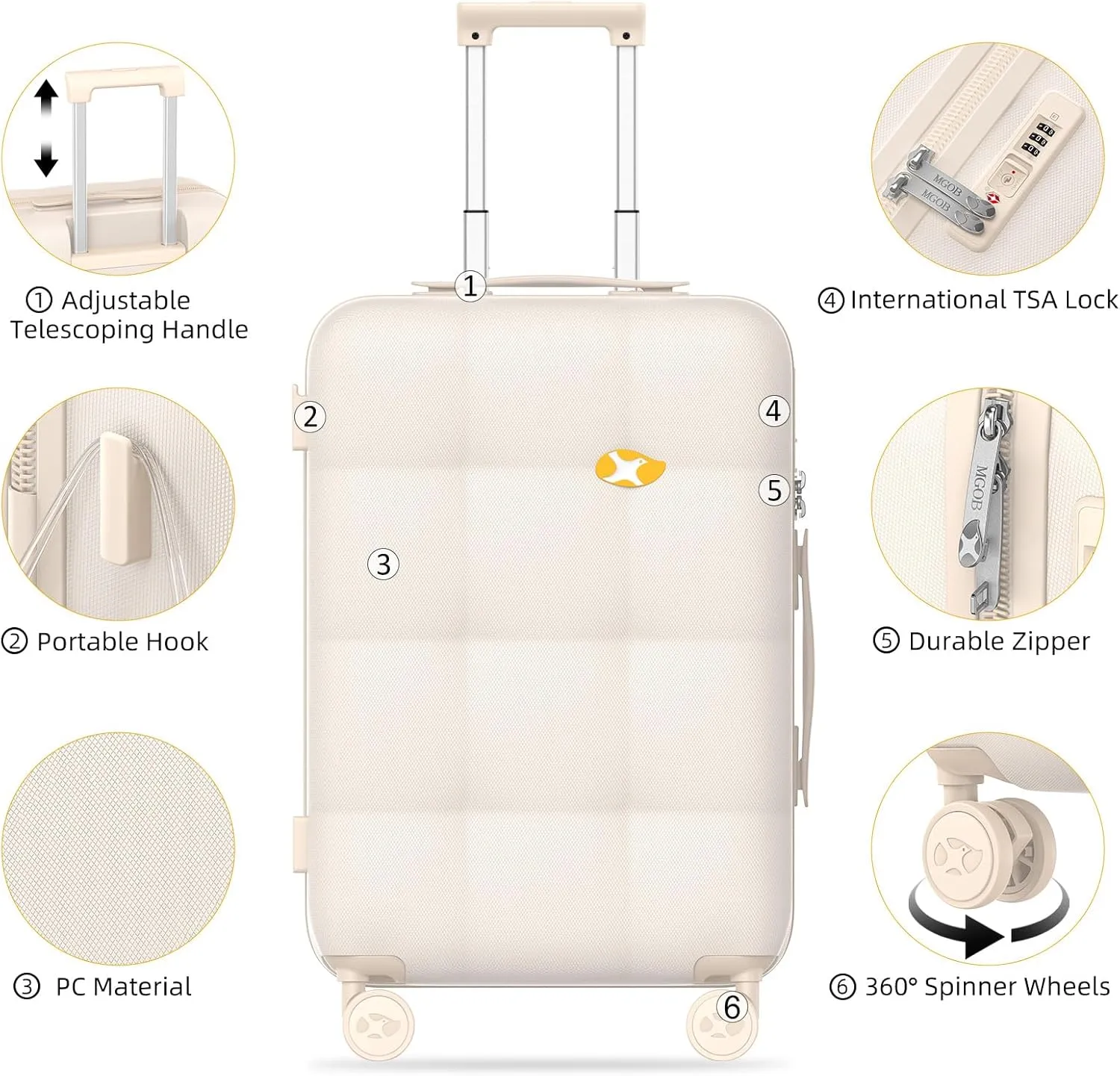 Carry On Luggage 22x14x9 Airline Approved | 20" Durable Polycarbonate Hard Shell Suitcase with TSA Lock & 360 Spinner Wheels (Beige)