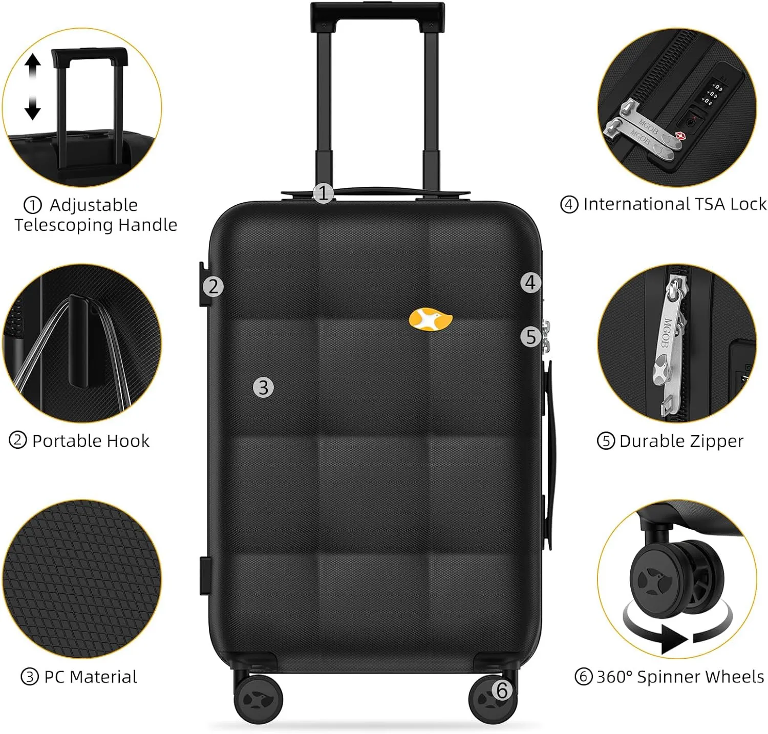 Carry On Luggage 22x14x9 Airline Approved | 20" Durable Polycarbonate Hard Shell Suitcase with TSA Lock & 360 Spinner Wheels (Black)
