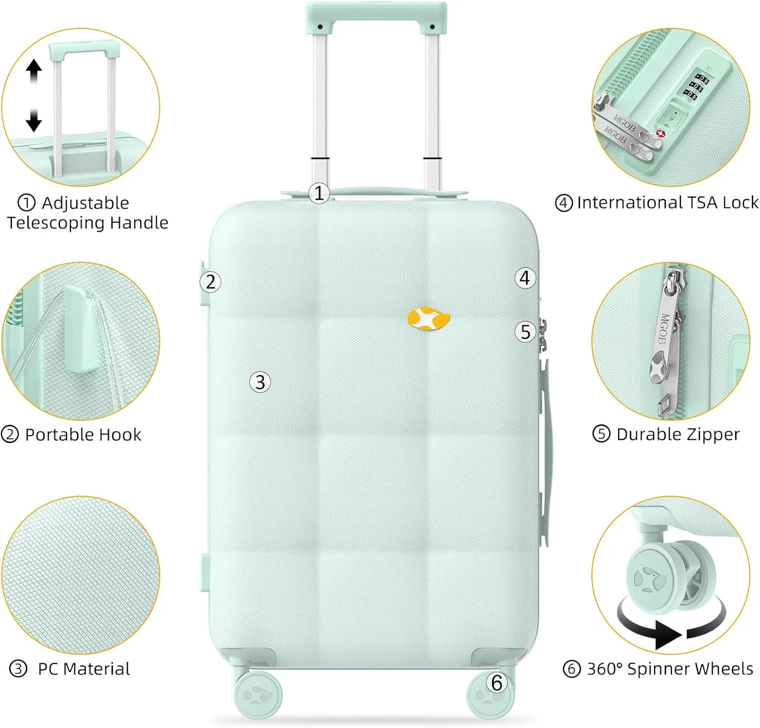 Carry On Luggage 22x14x9 Airline Approved | 20" Durable Polycarbonate Hard Shell Suitcase with TSA Lock & 360 Spinner Wheels (Green)