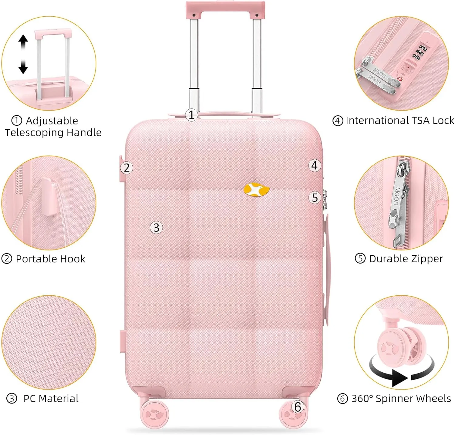 Carry On Luggage 22x14x9 Airline Approved | 20" Durable Polycarbonate Hard Shell Suitcase with TSA Lock & 360 Spinner Wheels (Pink)