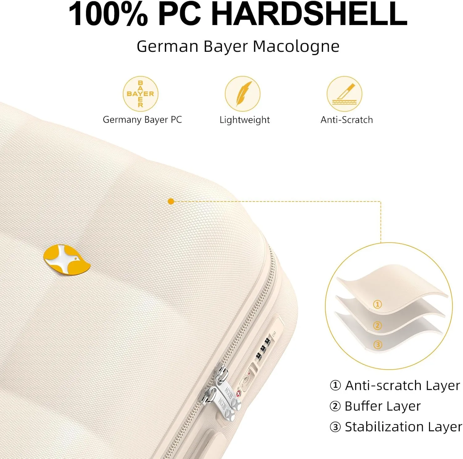 Carry On Luggage 22x14x9 Airline Approved | 20" Wide Bar Design, Durable Polycarbonate Hard Shell Suitcase with TSA Lock & 360 Spinner Wheels (Beige)