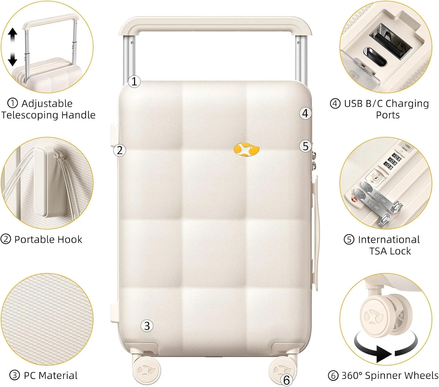 Carry On Luggage 22x14x9 Airline Approved | 20" Wide Bar Design, Durable Polycarbonate Hard Shell Suitcase with TSA Lock & 360 Spinner Wheels (Beige)