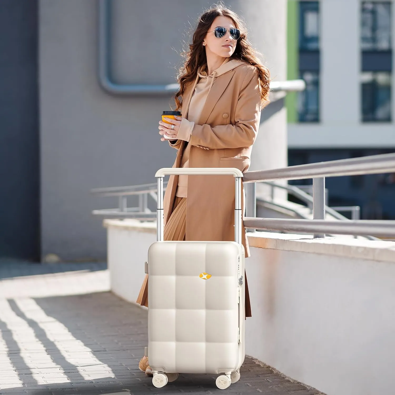 Carry On Luggage 22x14x9 Airline Approved | 20" Wide Bar Design, Durable Polycarbonate Hard Shell Suitcase with TSA Lock & 360 Spinner Wheels (Beige)