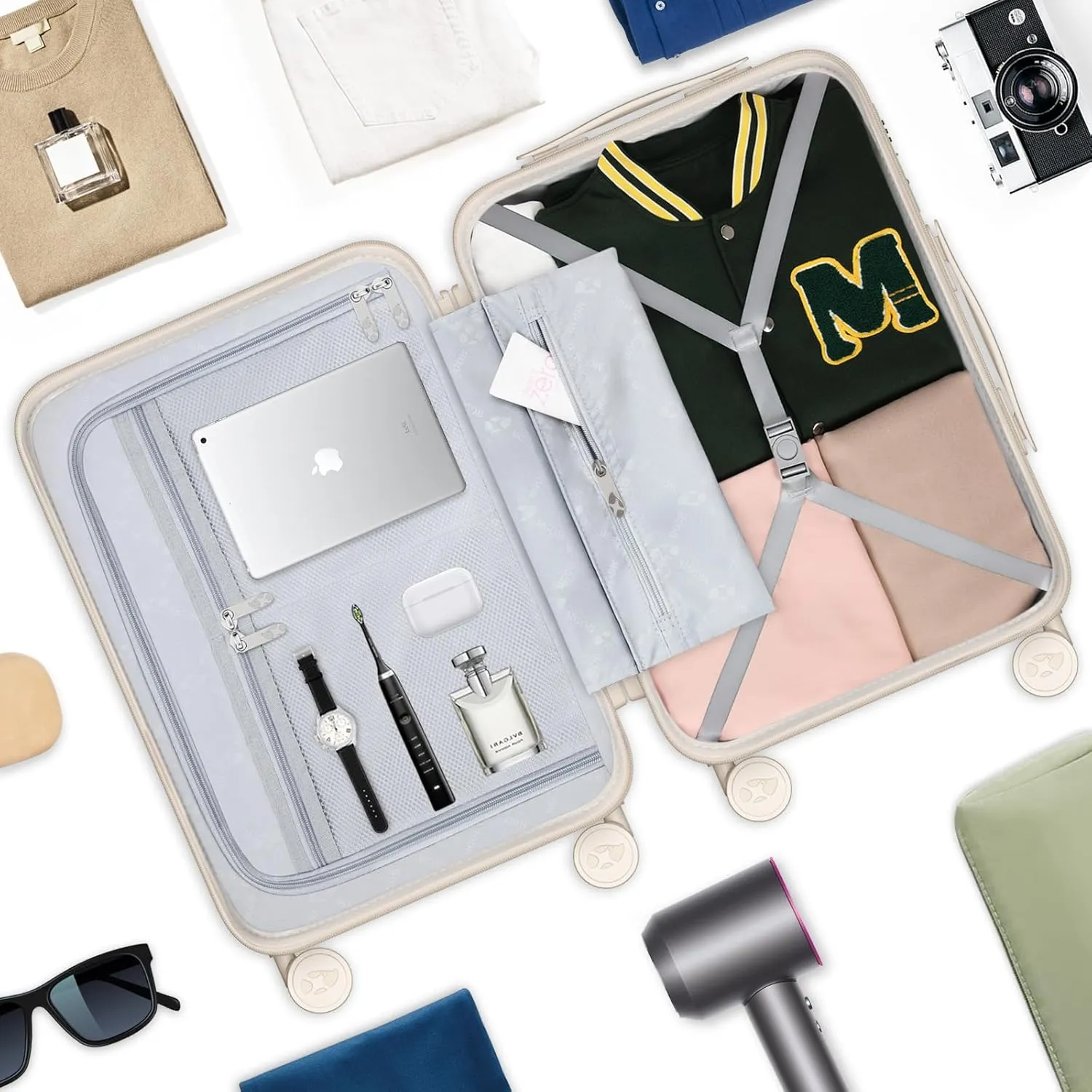 Carry On Luggage 22x14x9 Airline Approved | 20" Wide Bar Design, Durable Polycarbonate Hard Shell Suitcase with TSA Lock & 360 Spinner Wheels (Beige)