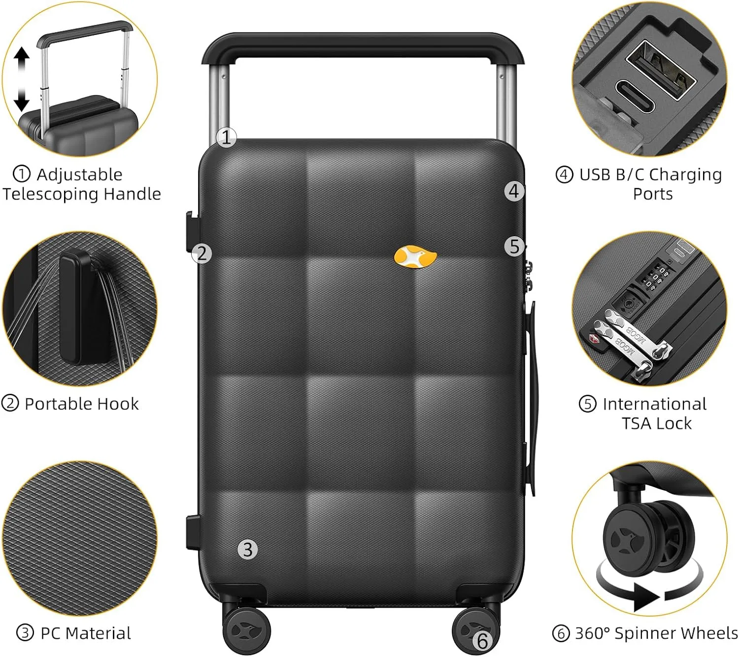 Carry On Luggage 22x14x9 Airline Approved | 20" Wide Bar Design, Durable Polycarbonate Hard Shell Suitcase with TSA Lock & 360 Spinner Wheels (Black)
