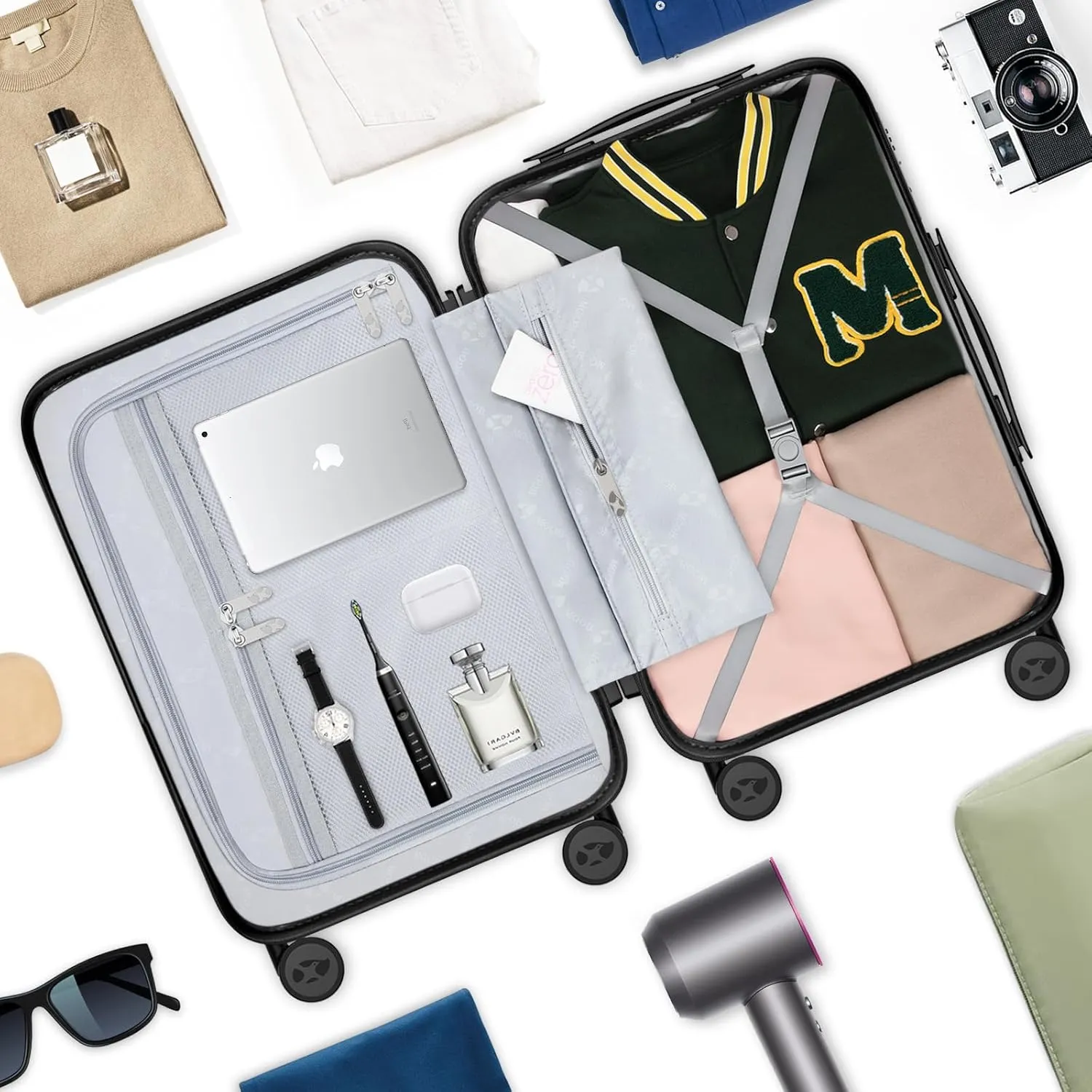 Carry On Luggage 22x14x9 Airline Approved | 20" Wide Bar Design, Durable Polycarbonate Hard Shell Suitcase with TSA Lock & 360 Spinner Wheels (Black)