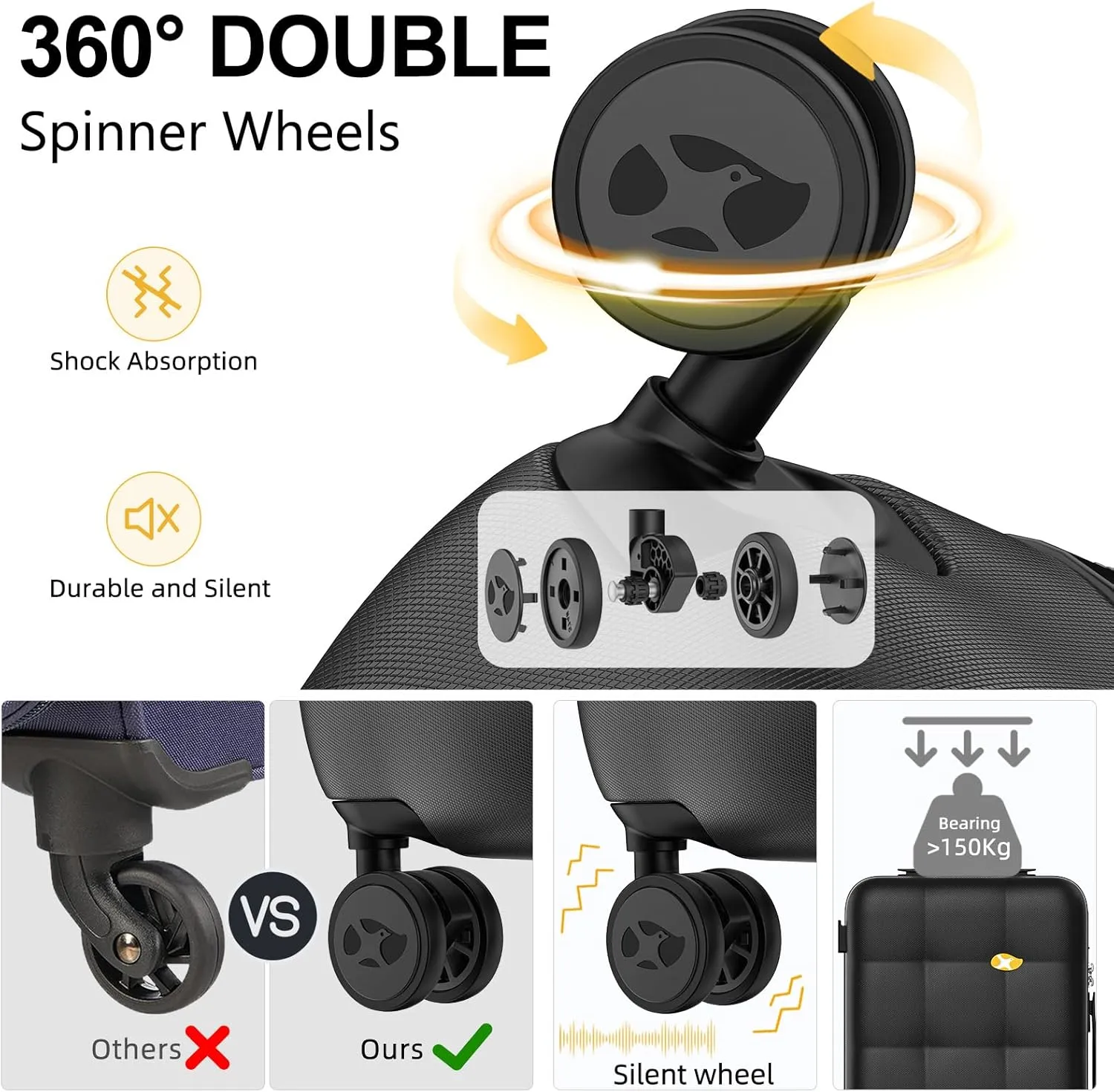 Carry On Luggage 22x14x9 Airline Approved | 20" Wide Bar Design, Durable Polycarbonate Hard Shell Suitcase with TSA Lock & 360 Spinner Wheels (Black)
