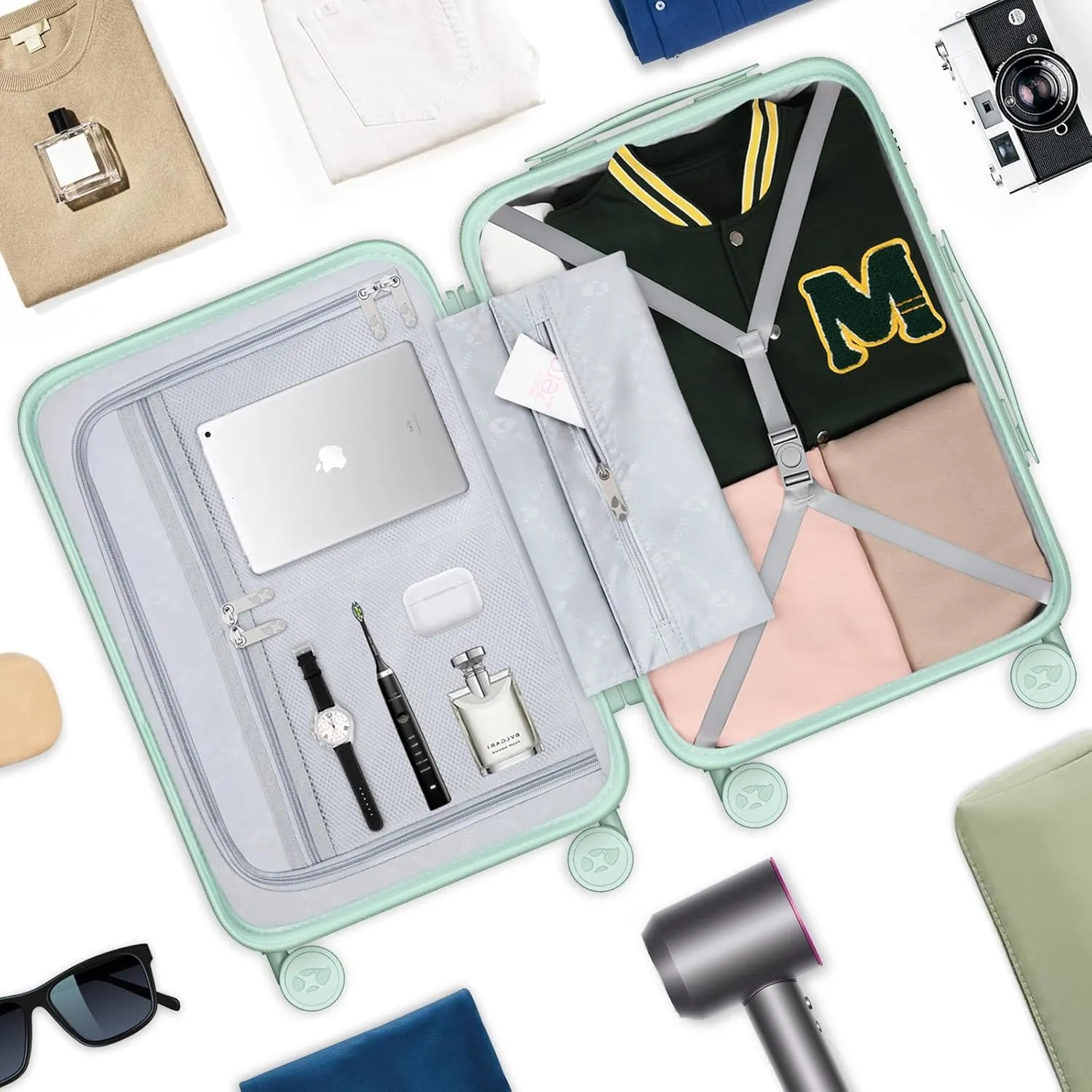 Carry On Luggage 22x14x9 Airline Approved | 20" Wide Bar Design, Durable Polycarbonate Hard Shell Suitcase with TSA Lock & 360 Spinner Wheels (Green)