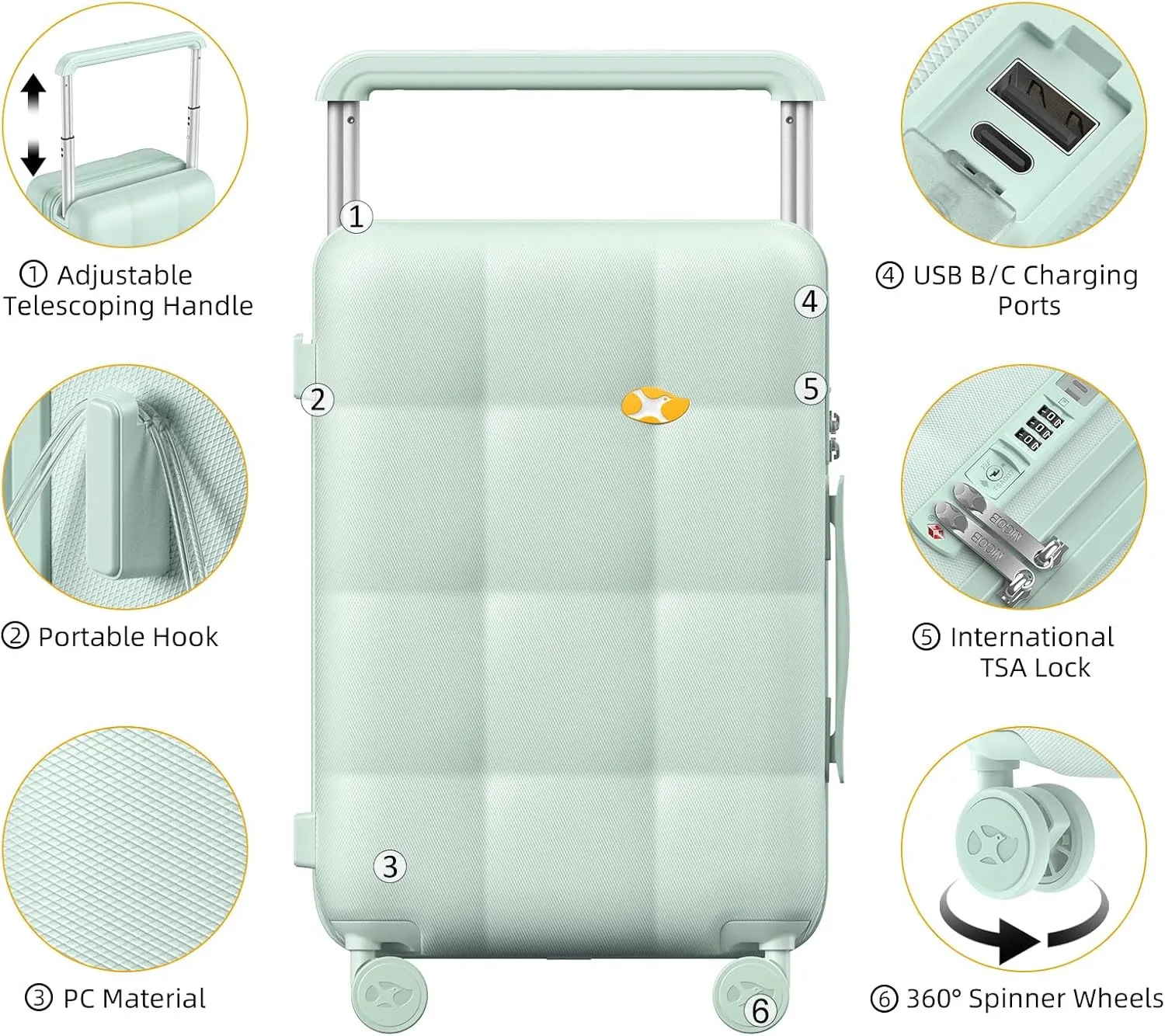 Carry On Luggage 22x14x9 Airline Approved | 20" Wide Bar Design, Durable Polycarbonate Hard Shell Suitcase with TSA Lock & 360 Spinner Wheels (Green)