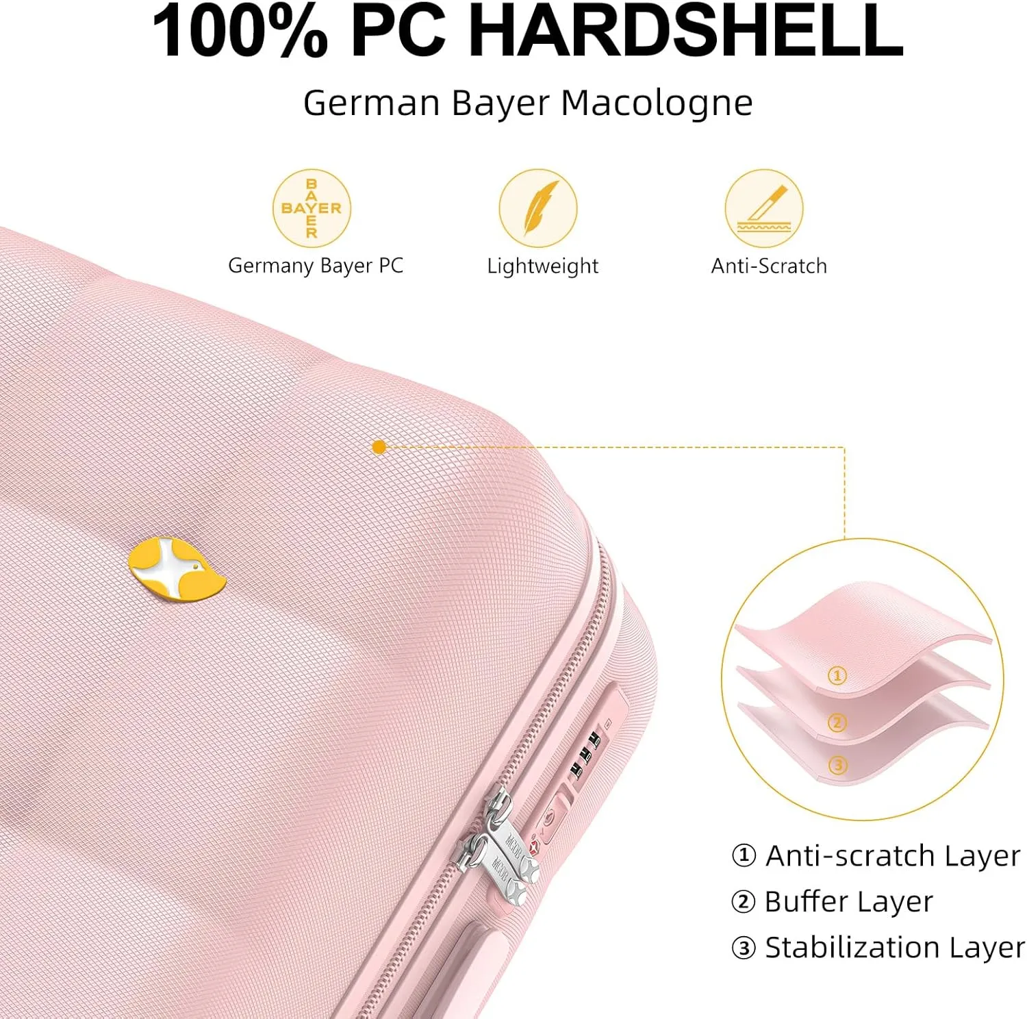 Carry On Luggage 22x14x9 Airline Approved | 20" Wide Bar Design, Durable Polycarbonate Hard Shell Suitcase with TSA Lock & 360 Spinner Wheels (Pink)