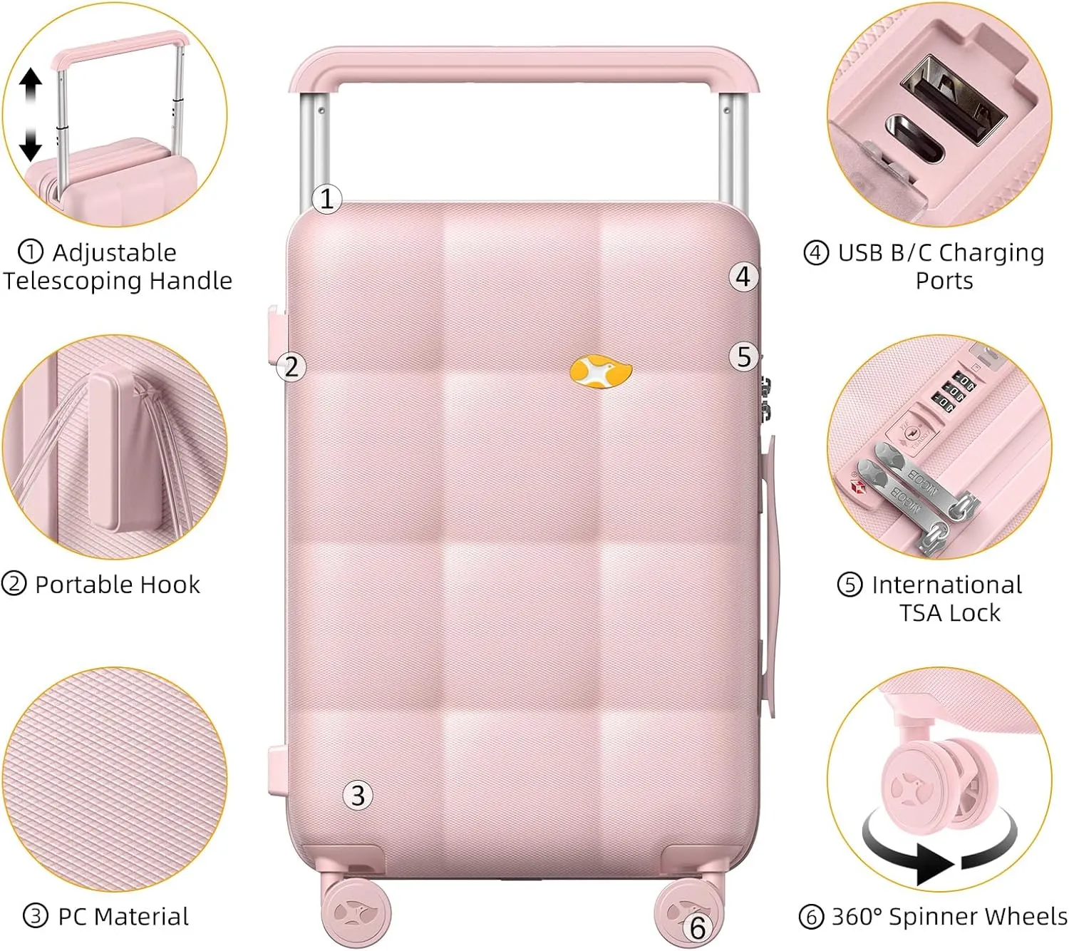 Carry On Luggage 22x14x9 Airline Approved | 20" Wide Bar Design, Durable Polycarbonate Hard Shell Suitcase with TSA Lock & 360 Spinner Wheels (Pink)