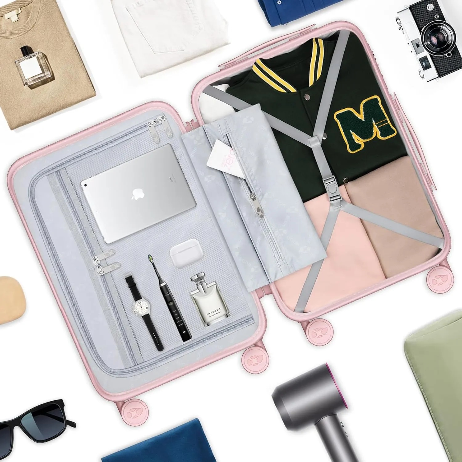 Carry On Luggage 22x14x9 Airline Approved | 20" Wide Bar Design, Durable Polycarbonate Hard Shell Suitcase with TSA Lock & 360 Spinner Wheels (Pink)