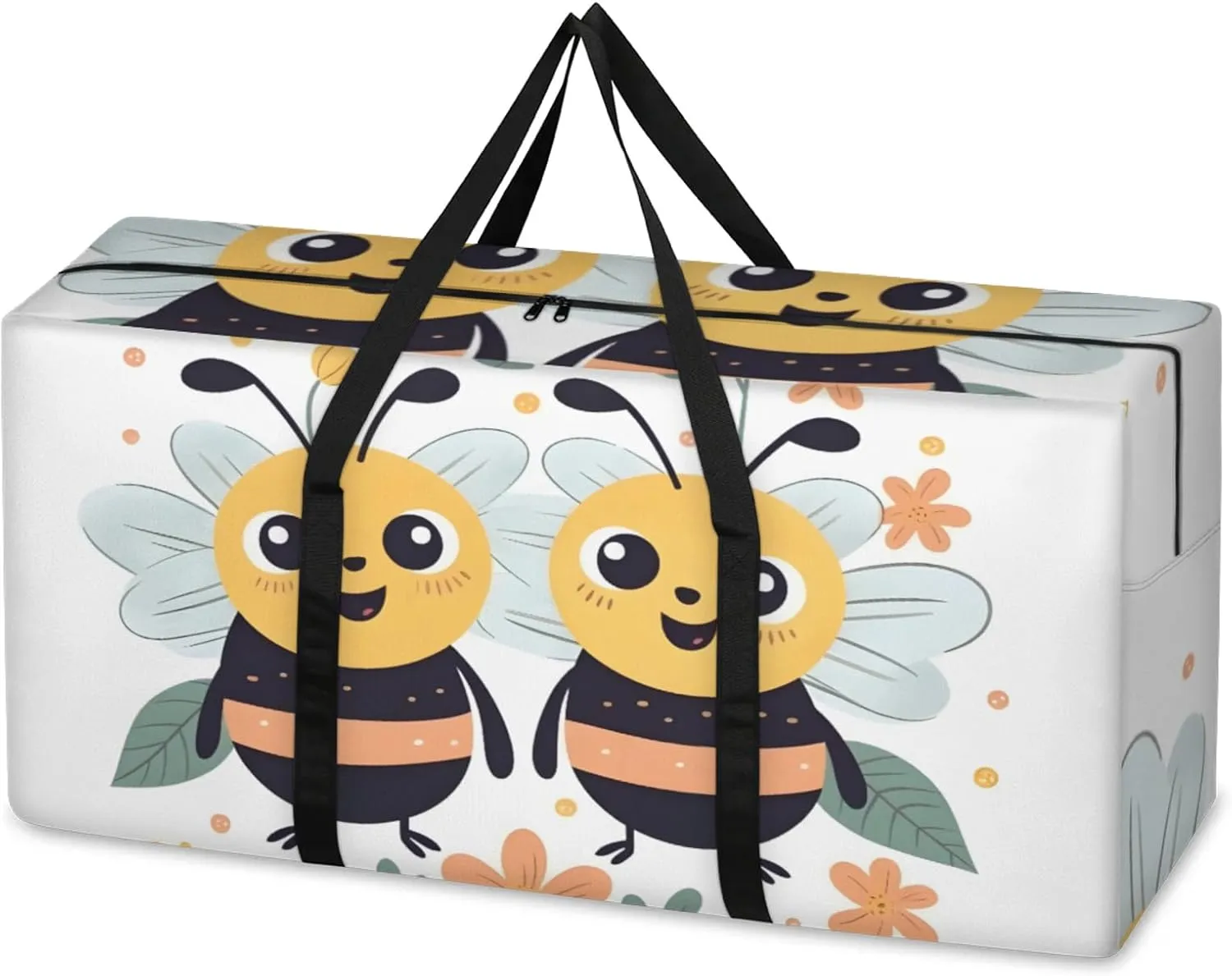Cartoon Bee Extra Large Moving Bags Heavy Duty Storage Bags Flowers Bee Cloth Wrap Around Handles Double Zipper Reusable Convenient Foldable Storage Tote for Travel Camping Space Save