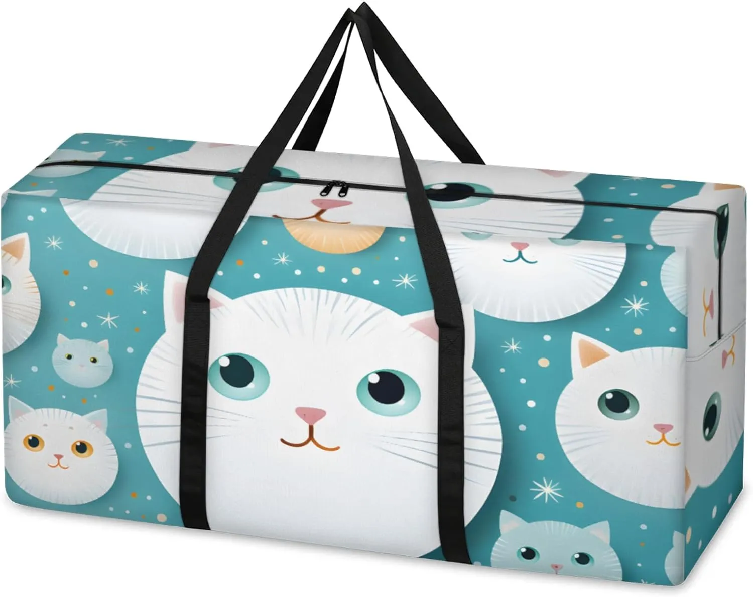 Cartoon Cat Extra Large Moving Bags Heavy Duty Storage Bags Artistic Cat Cloth Wrap Around Handles Double Zipper Reusable Convenient Foldable Storage Tote for Travel Camping Space Save
